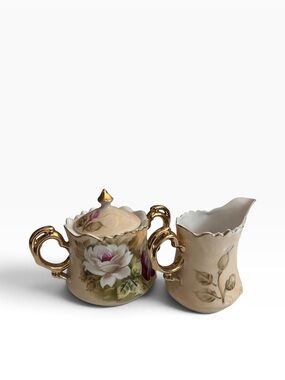 RS Prussia Vintage Porcelain Creamer And Sugar Bowl W/ Lid 2-Piece Set Floral